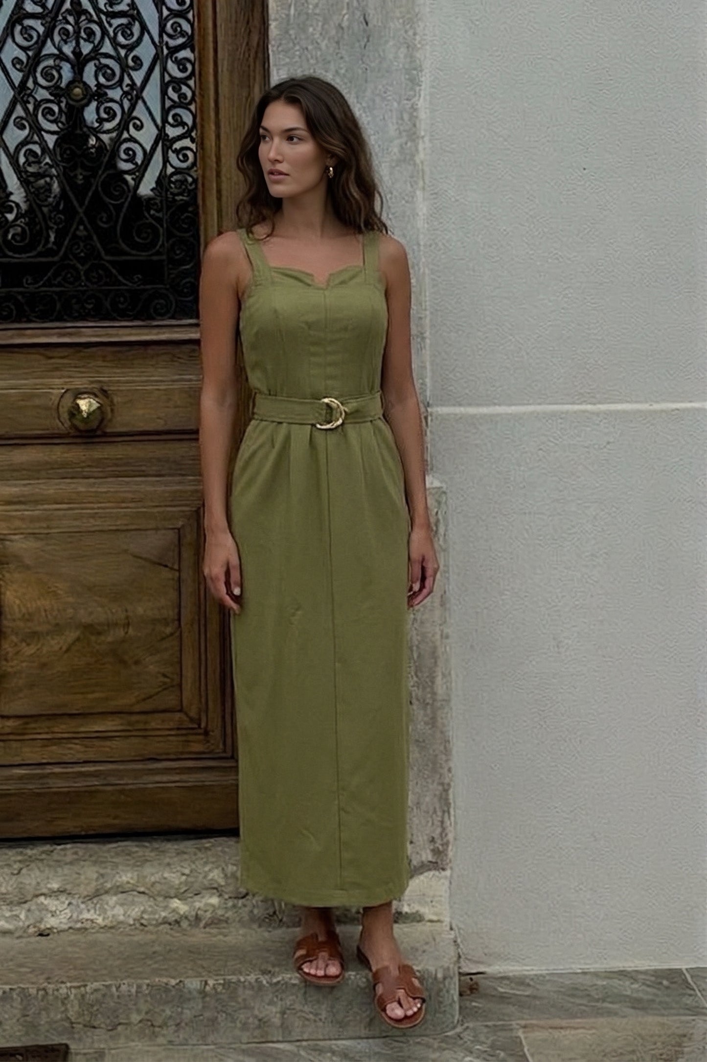 Robe longue SANDRO kaki ceinturée bustier effet corset