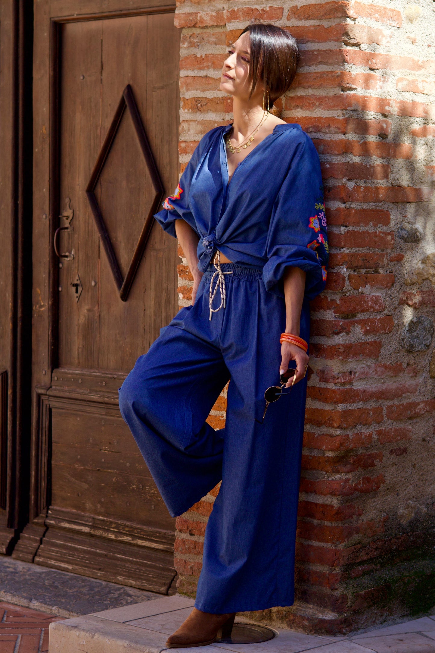 Pantalon effet Chambray en coton brodé