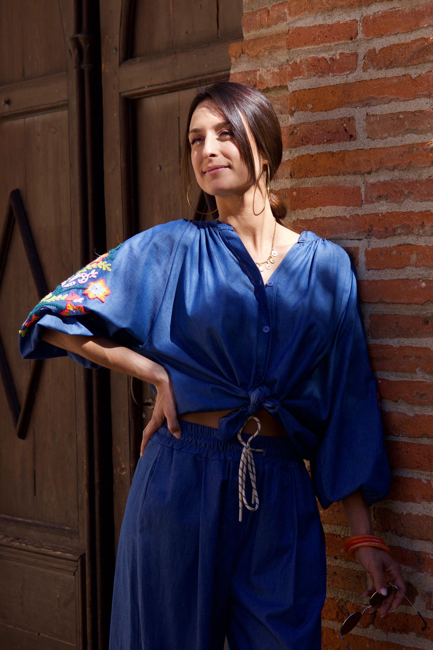 Blouse effet Chambray en coton brodée