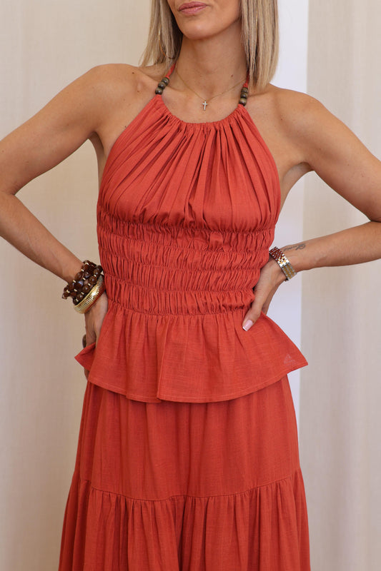 Top JULIA corail smocké dos nu avec perles