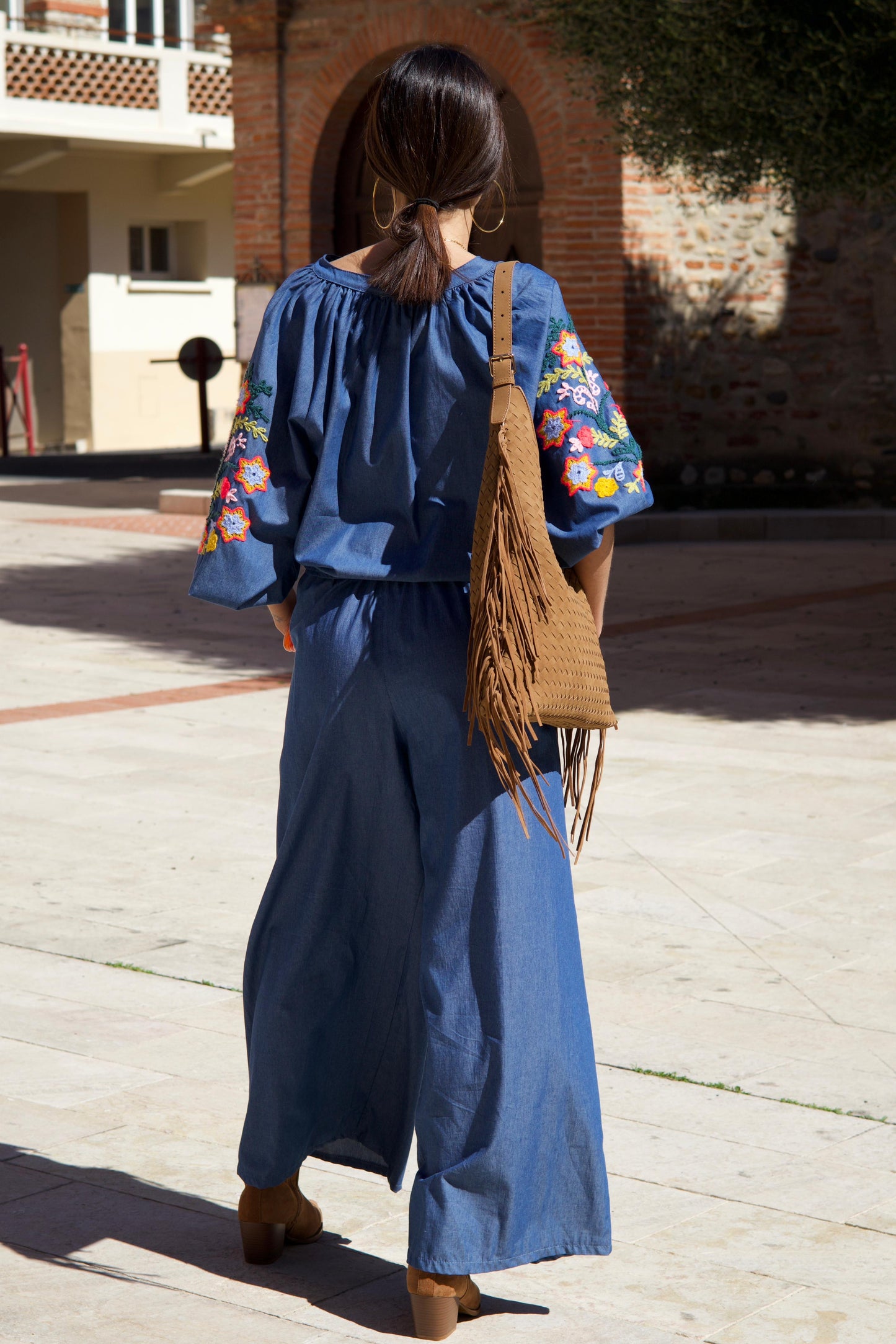 Blouse effet Chambray en coton brodée