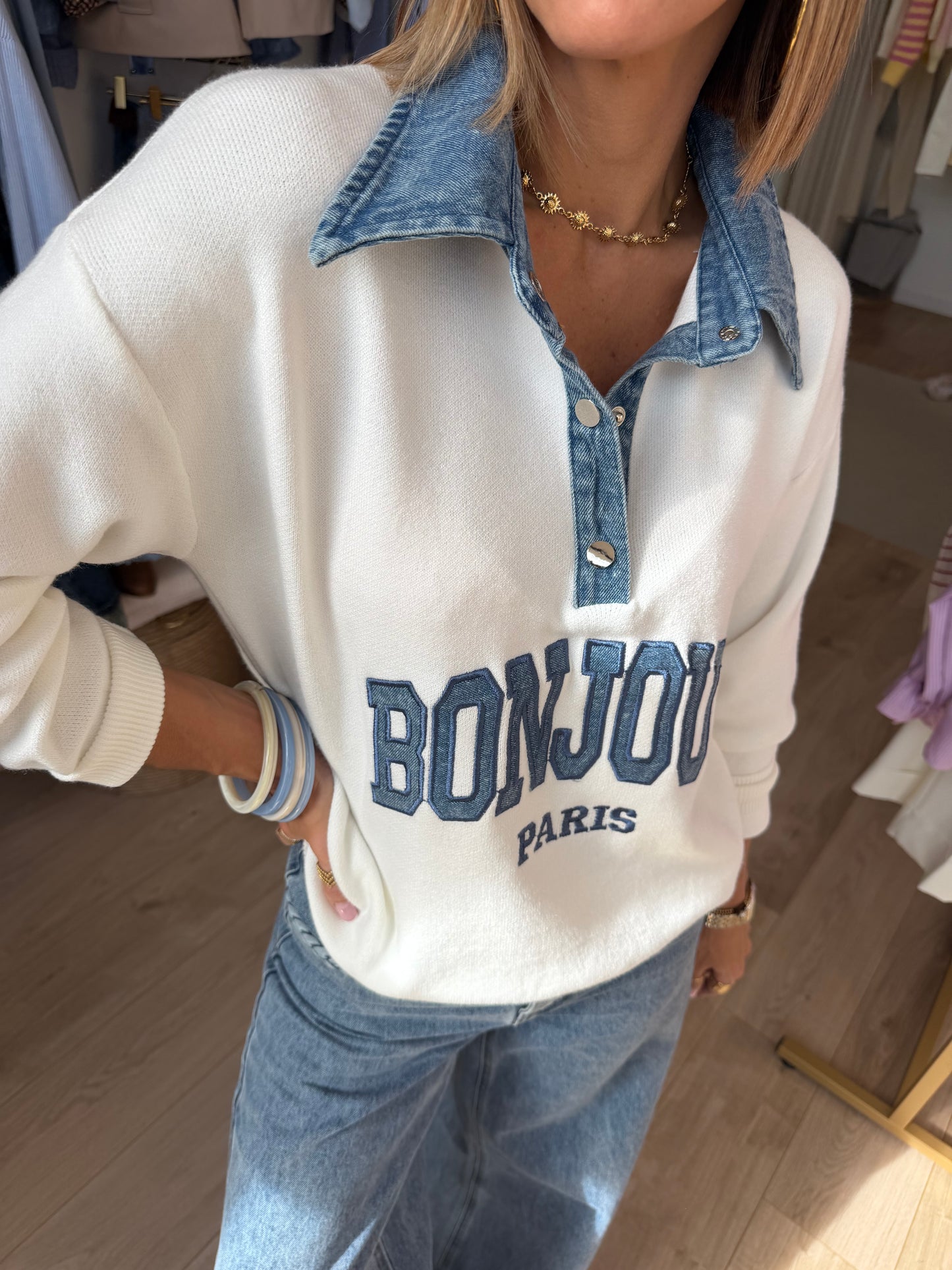 Pull Bonjour col denim