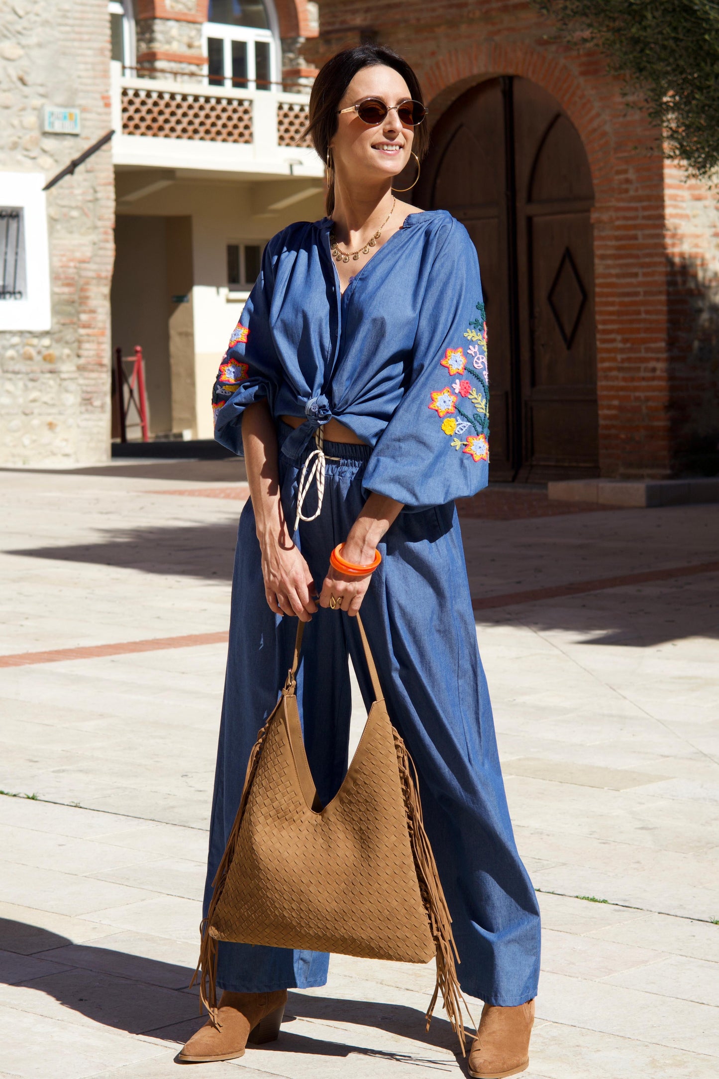 Blouse effet Chambray en coton brodée