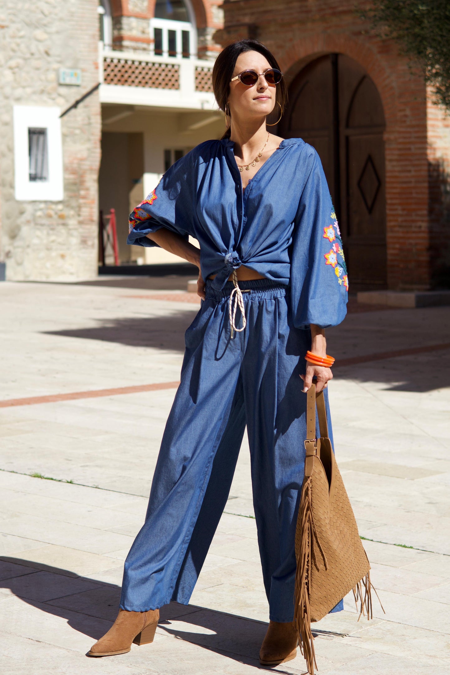 Blouse effet Chambray en coton brodée