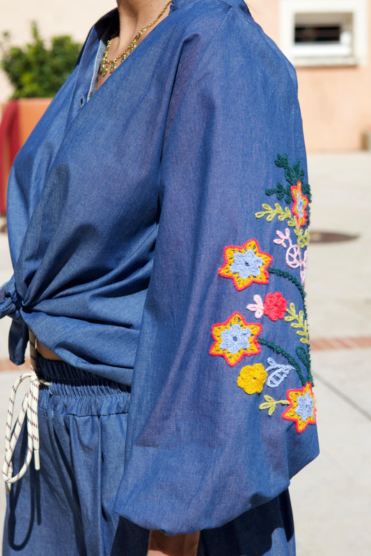 Blouse effet Chambray en coton brodée