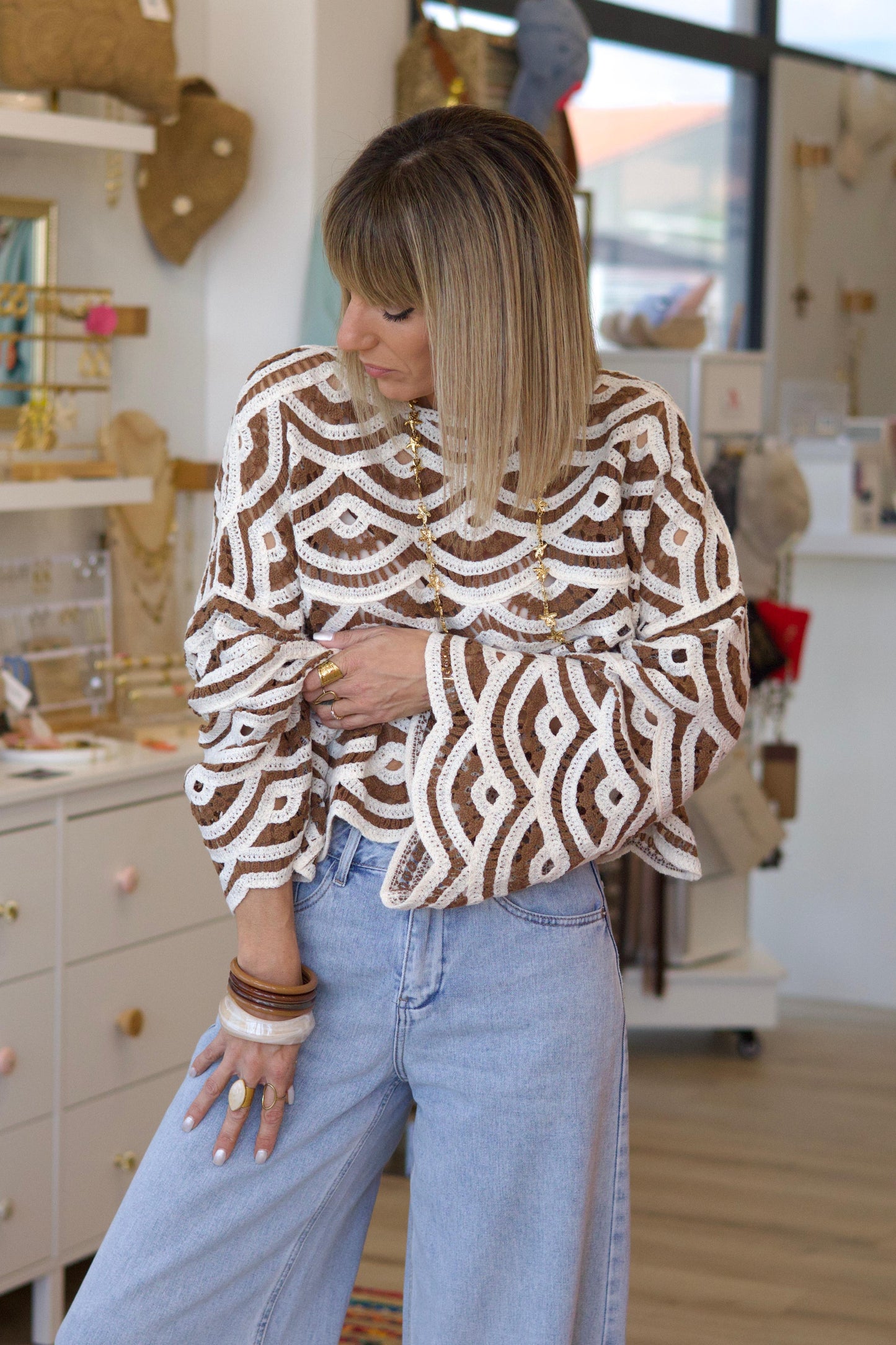 Top ALIXIA maille crochet chocolat