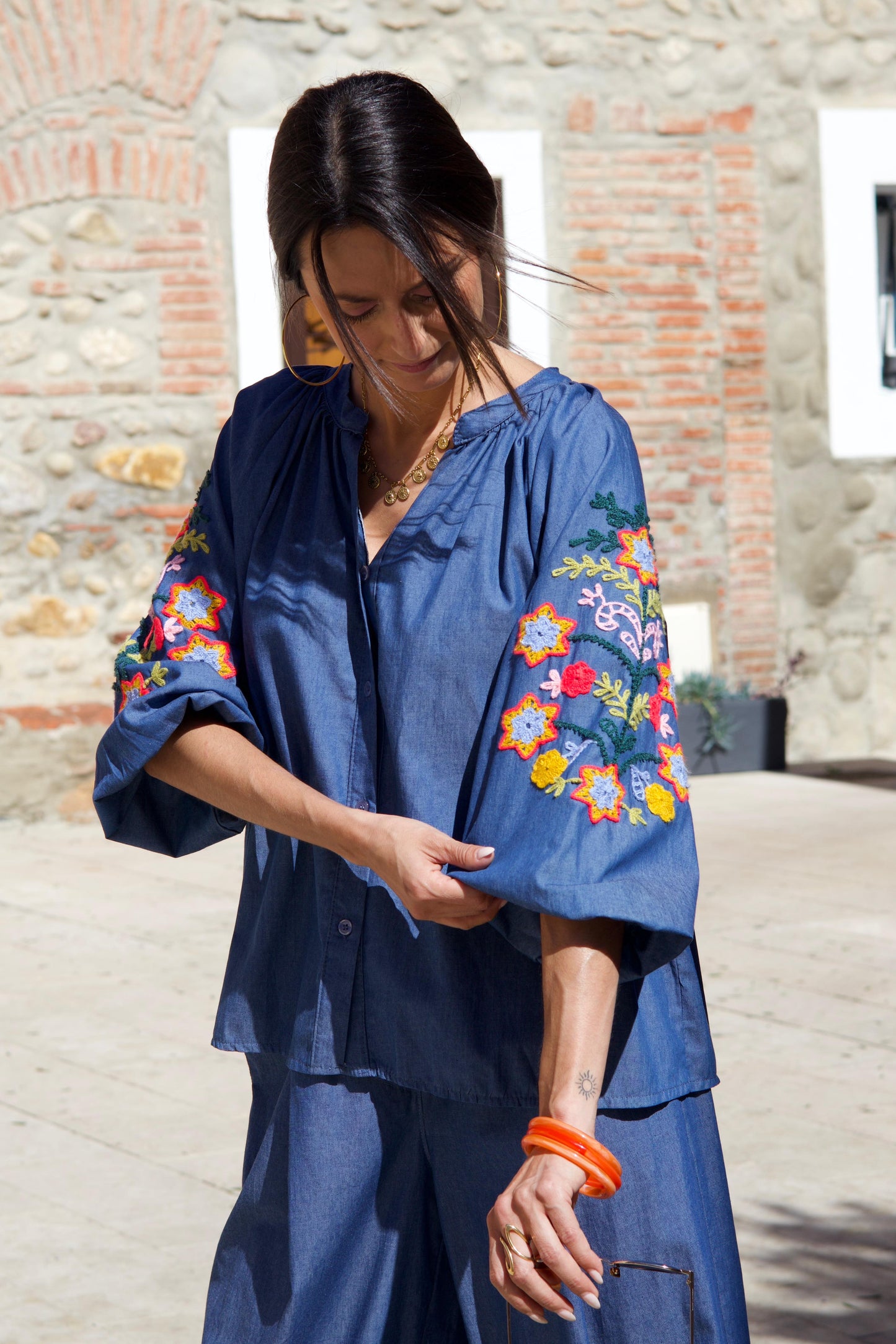 Blouse effet Chambray en coton brodée
