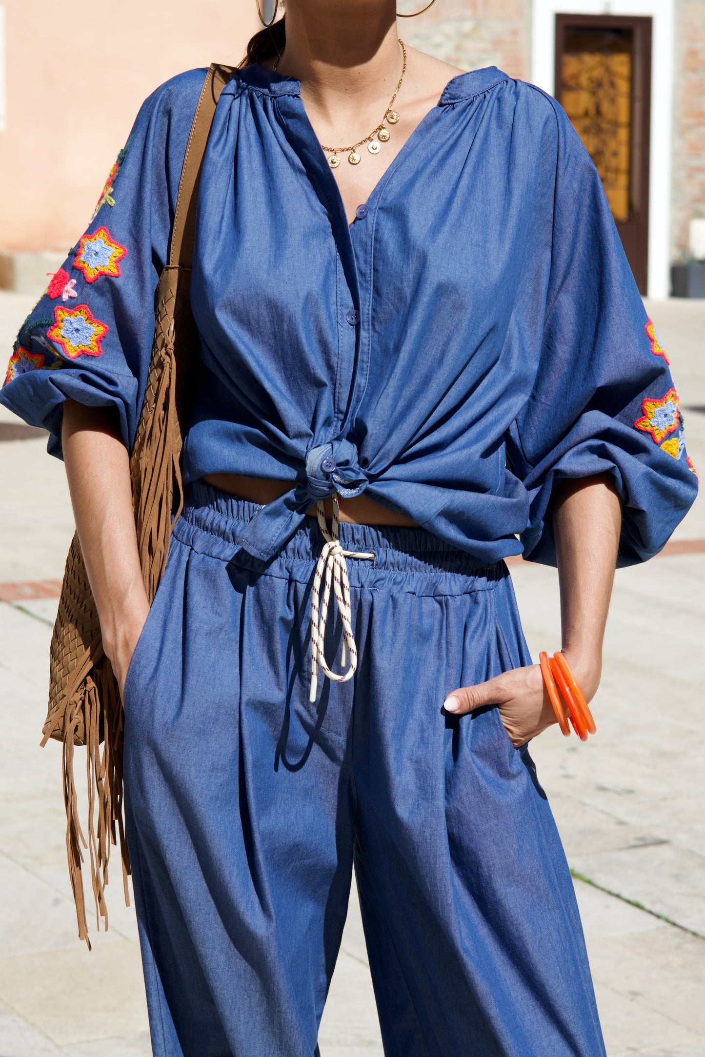 Blouse effet Chambray en coton brodée