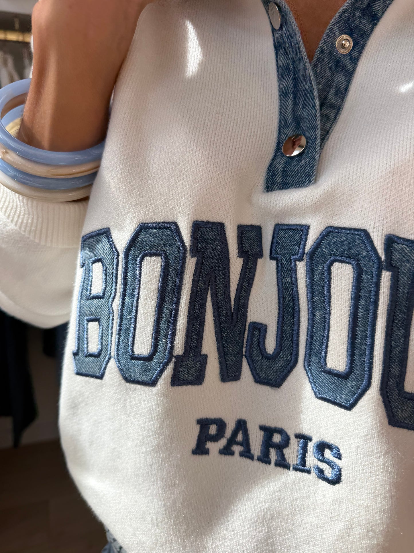 Pull Bonjour col denim