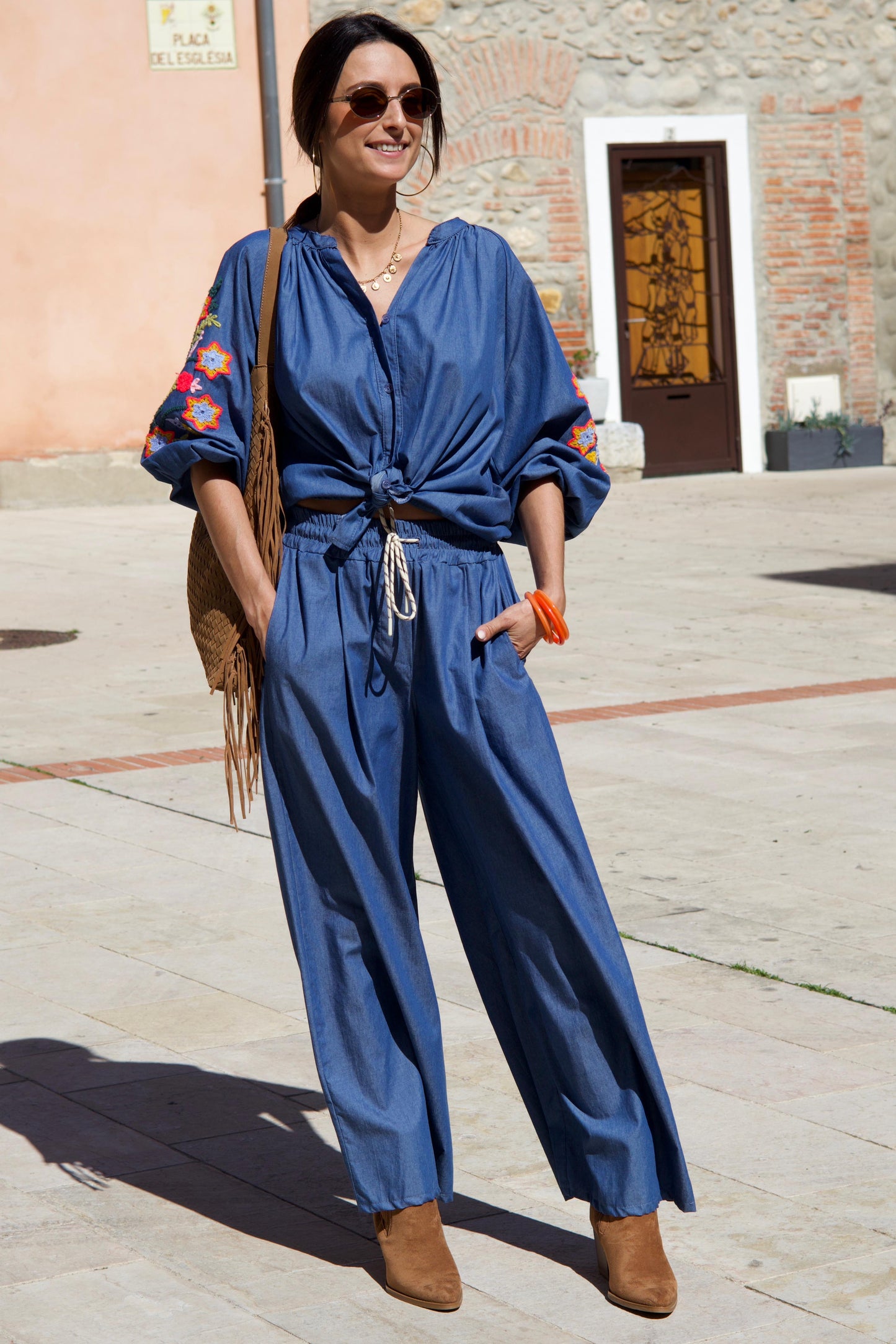 Blouse effet Chambray en coton brodée