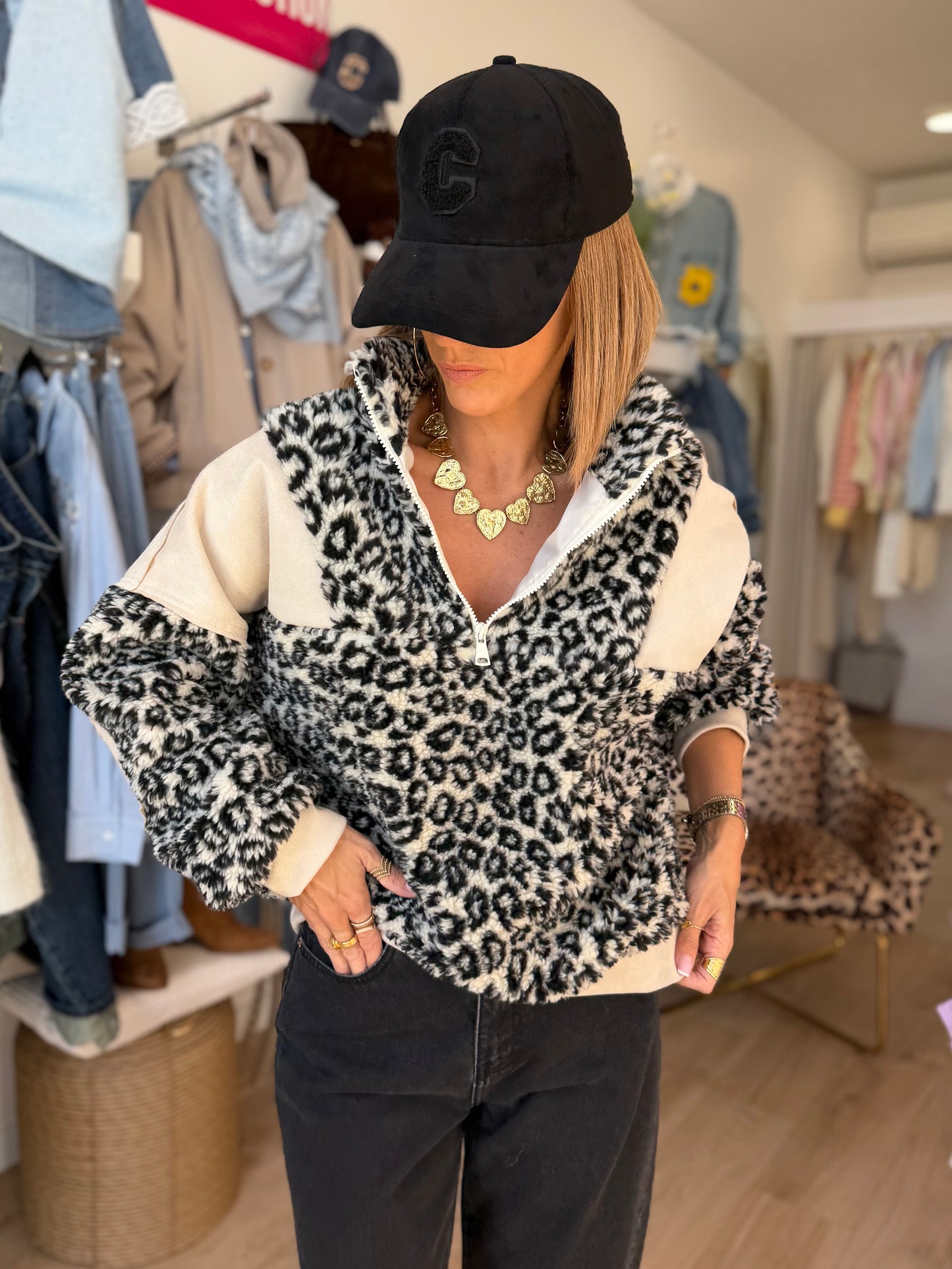 Pull Léopard zippe léopard écru