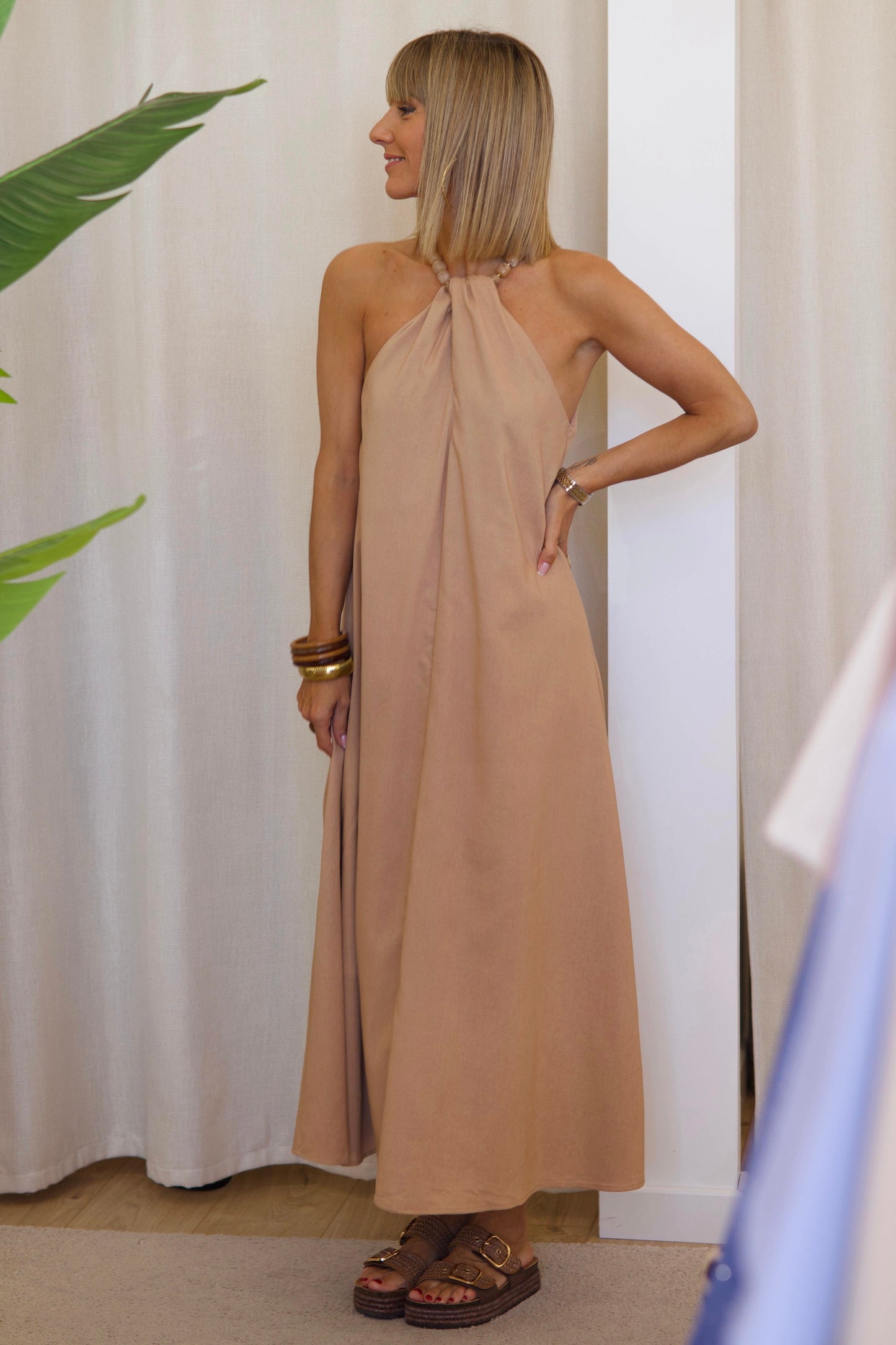 Robe longue MAJOU beige bohème à perles