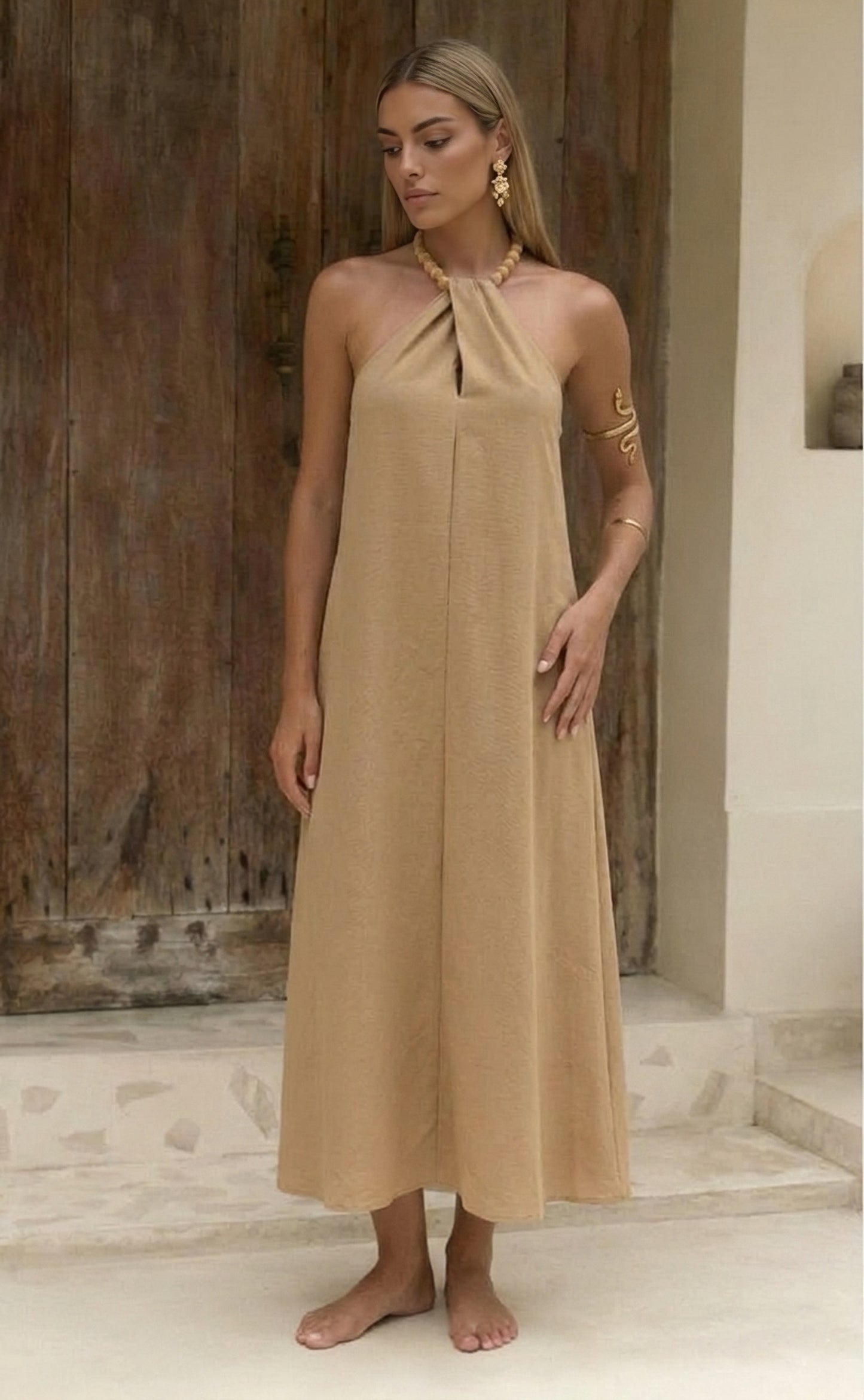 Robe longue MAJOU beige bohème à perles